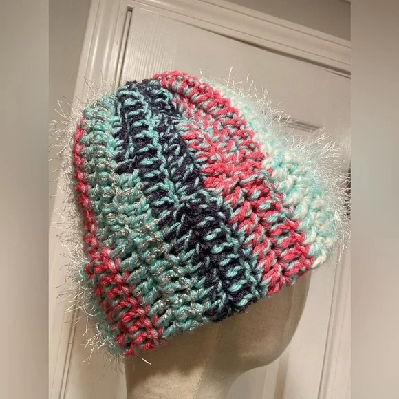 Handmade Crochet Chunky Ribbed Upcycled Multi Fiber Scrappy Yarn Beanie Hat - Picture 1 of 7